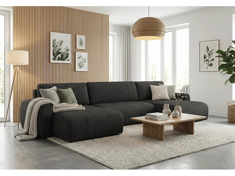 ARIEL U – Hoekbank met slaapfunctie  315x142x87 cm, stof Velo 19 zwart