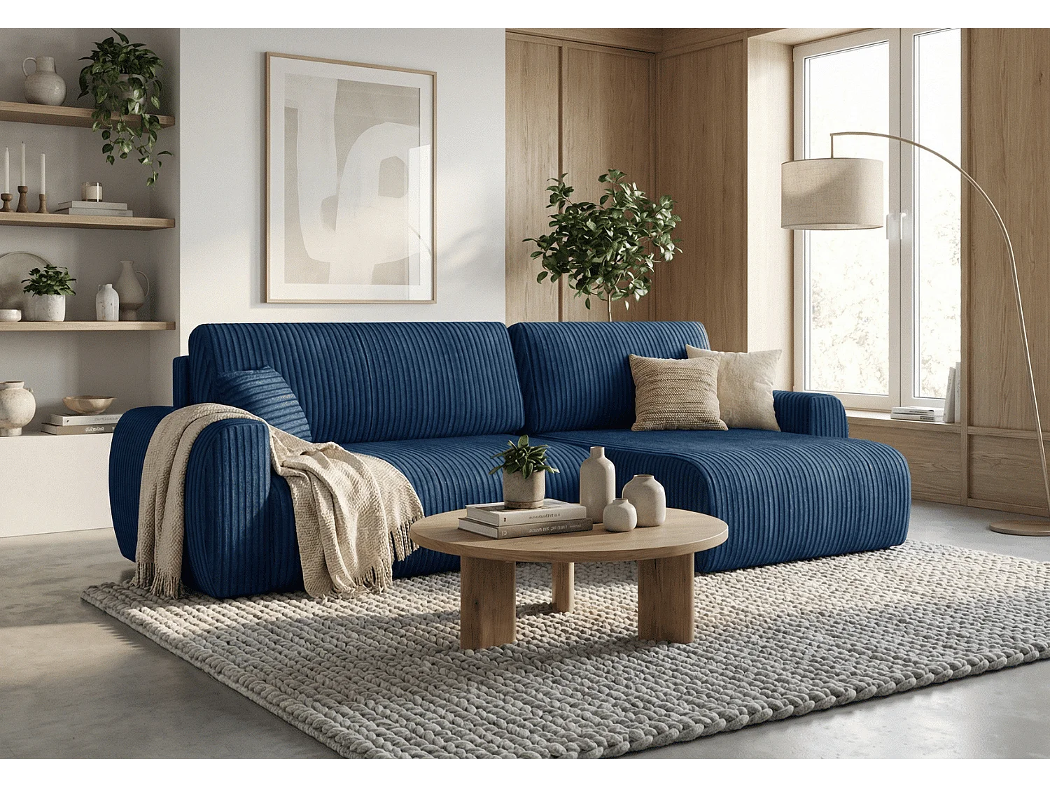 Stylowy narożnik rozkładany prawostronny  ARIEL L 250x142x87 cm w tkaninie Velo 88 granatowe