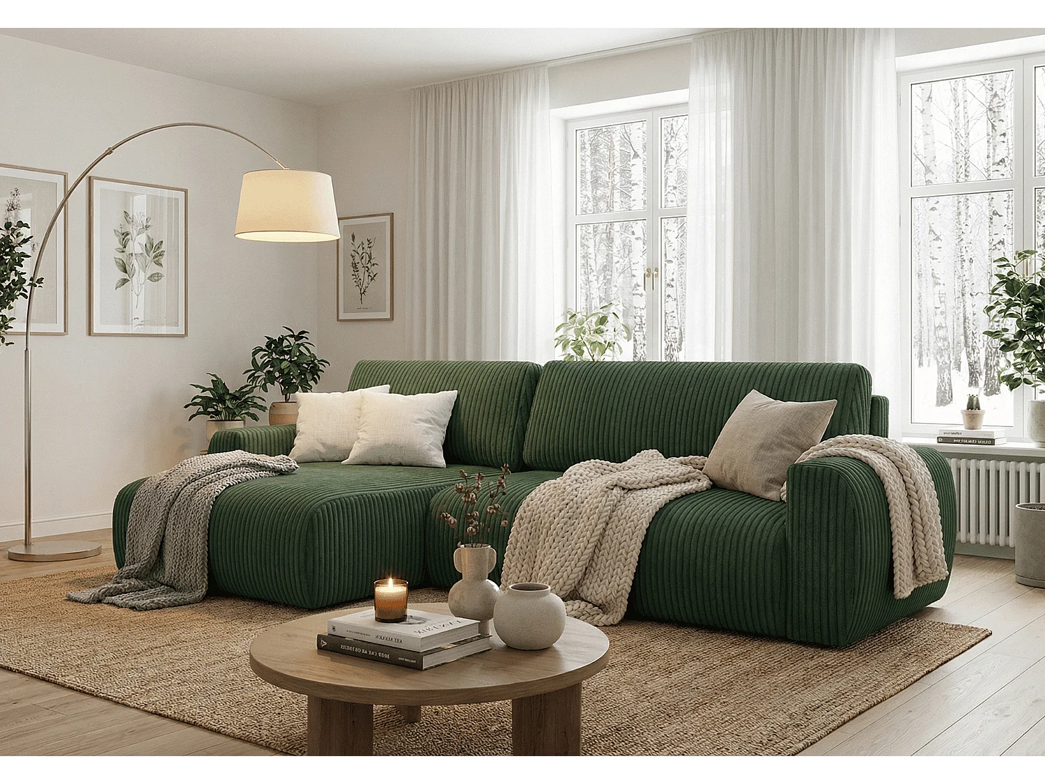 ARIEL L – Canapé d’angle gauche convertible 250x142x87 cm, tissu Velo 79 vert bouteille