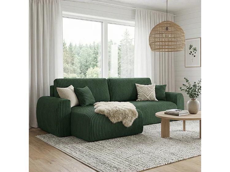 ARIEL L – Canapé d’angle gauche convertible 250x142x87 cm, tissu Velo 79 vert bouteille