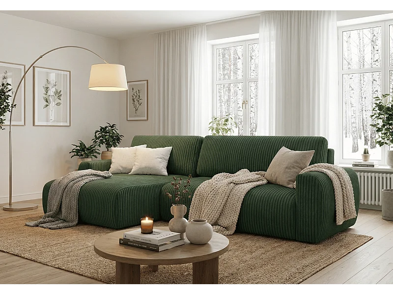 ARIEL L – Canapé d’angle gauche convertible 250x142x87 cm, tissu Velo 79 vert bouteille