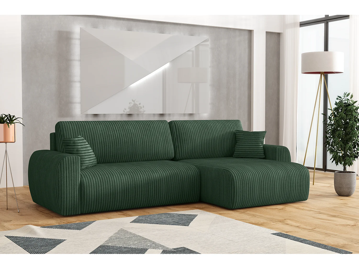 ARIEL L – Canapé d’angle  droit convertible 250x142x87 cm, tissu Velo 79 vert bouteille