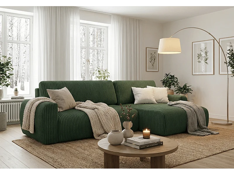 ARIEL L – Rechtse hoekbank met slaapfunctie  250x142x87 cm, stof Velo 79 flessengroen