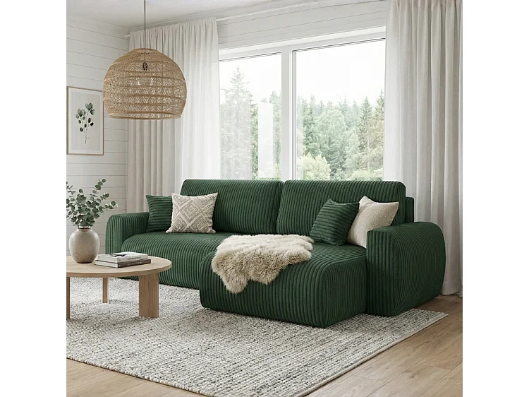 ARIEL L – Rechtse hoekbank met slaapfunctie  250x142x87 cm, stof Velo 79 flessengroen