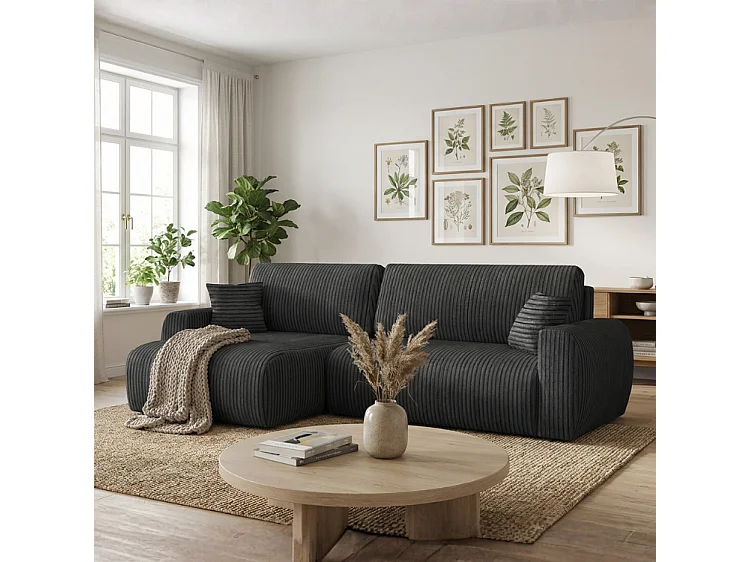 Stylowy narożnik rozkładany lewostronny  ARIEL L 246x150x87 cm w tkaninie Velo 19 czarnej