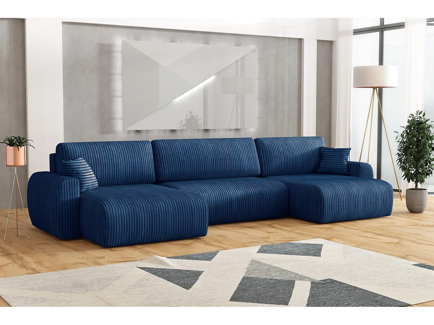 ARIEL U – Canapé d’angle  convertible 315x142x87 cm, tissu Velo 88 bleu marine