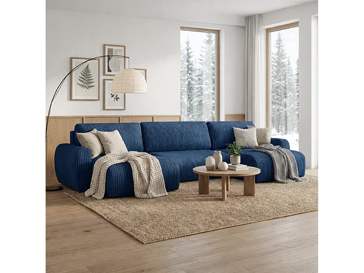 ARIEL U – Canapé d’angle  convertible 315x142x87 cm, tissu Velo 88 bleu marine