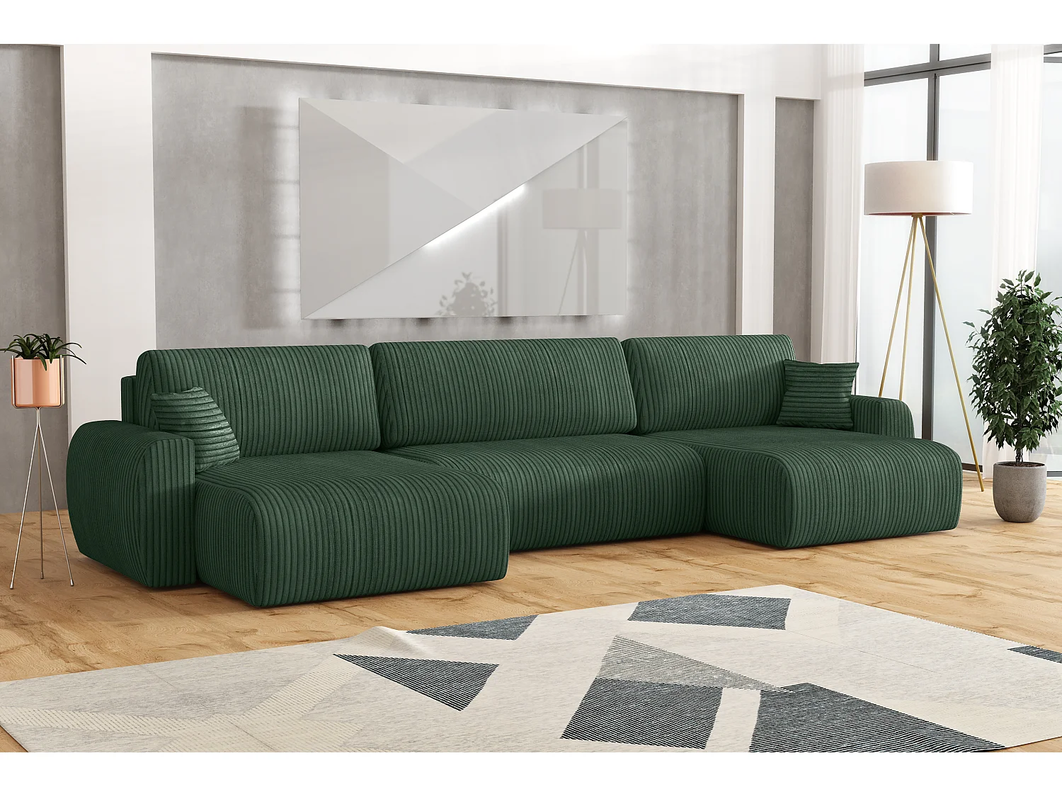 Stylowy narożnik rozkładany  ARIEL U 315x142x87 cm w tkaninie Velo 79 butelkowa zieleń