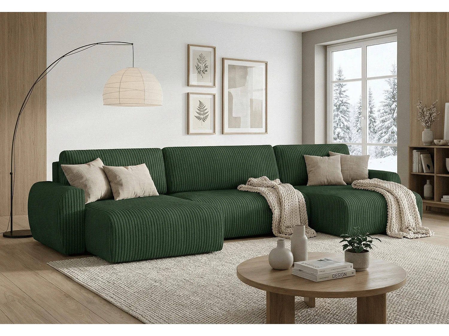 ARIEL U – Hoekbank met slaapfunctie  315x142x87 cm, stof Velo  79 flessengroen