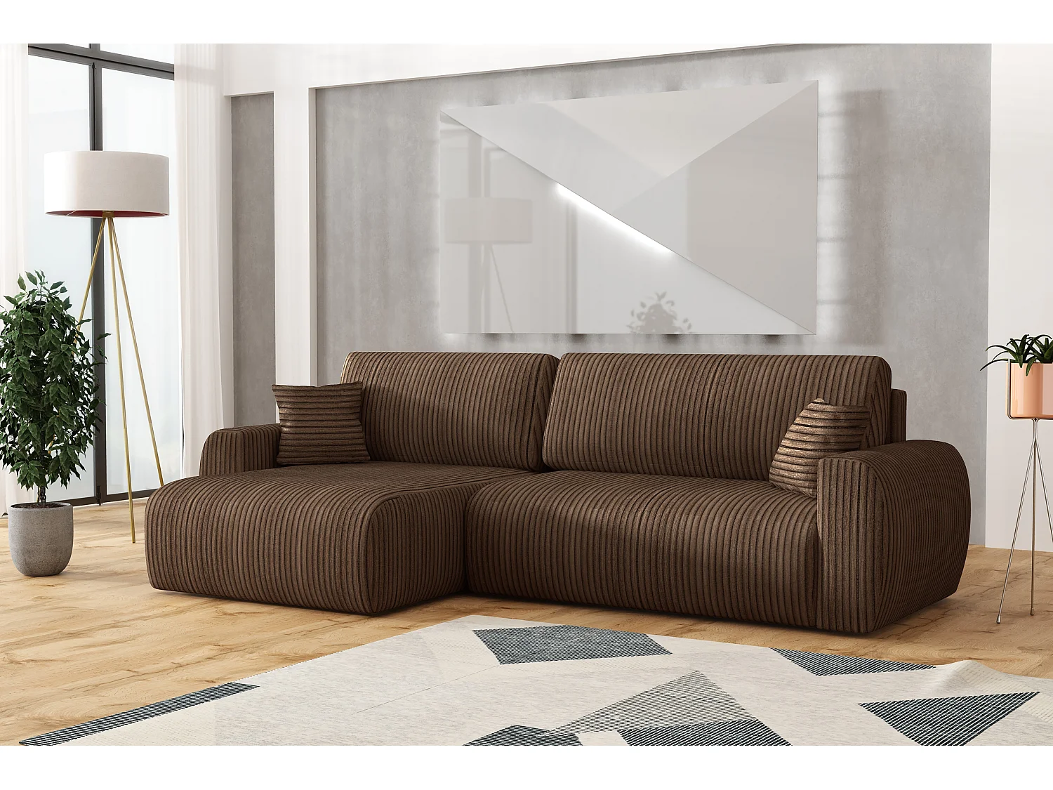 ARIEL L – Canapé d’angle gauche convertible 250x142x87 cm, tissu Velo 48 marron