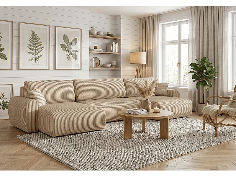 ARIEL U – Canapé d’angle  convertible 315x142x87 cm, tissu Velo 22 crème