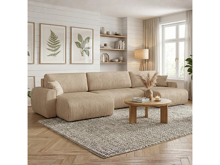 ARIEL U – Canapé d’angle  convertible 315x142x87 cm, tissu Velo 22 crème