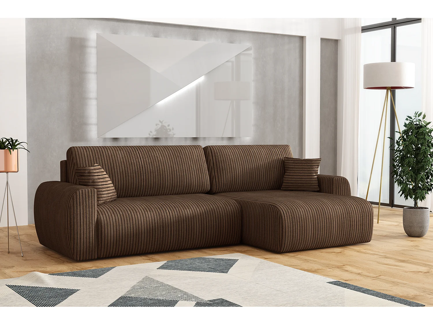 ARIEL L – Canapé d’angle  droit convertible 250x142x87 cm, tissu Velo 48 marron