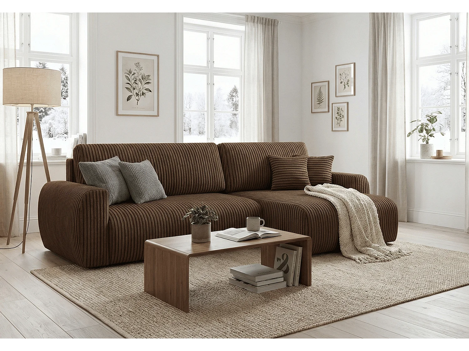 ARIEL L – Canapé d’angle  droit convertible 250x142x87 cm, tissu Velo 48 marron