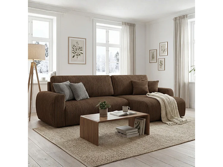 ARIEL L – Canapé d’angle  droit convertible 250x142x87 cm, tissu Velo 48 marron