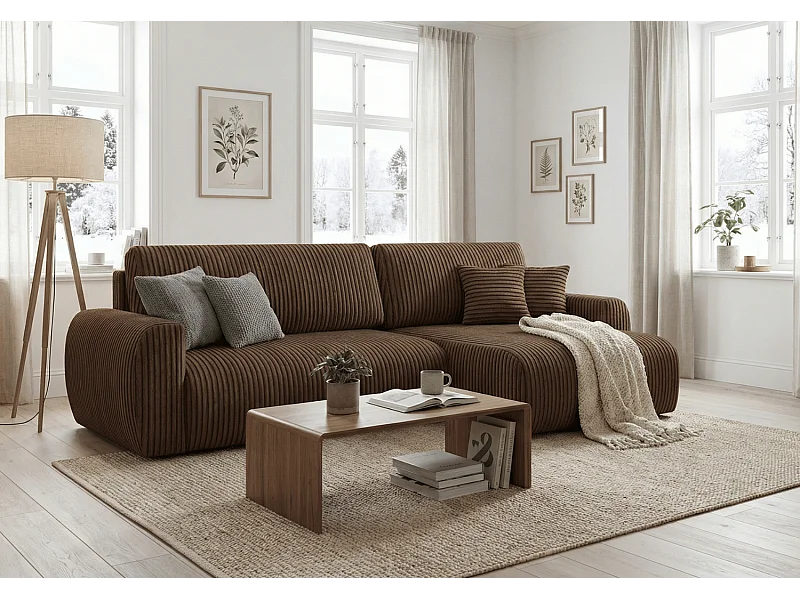 ARIEL L – Rechtse hoekbank met slaapfunctie  250x142x87 cm, stof Velo 48 bruin