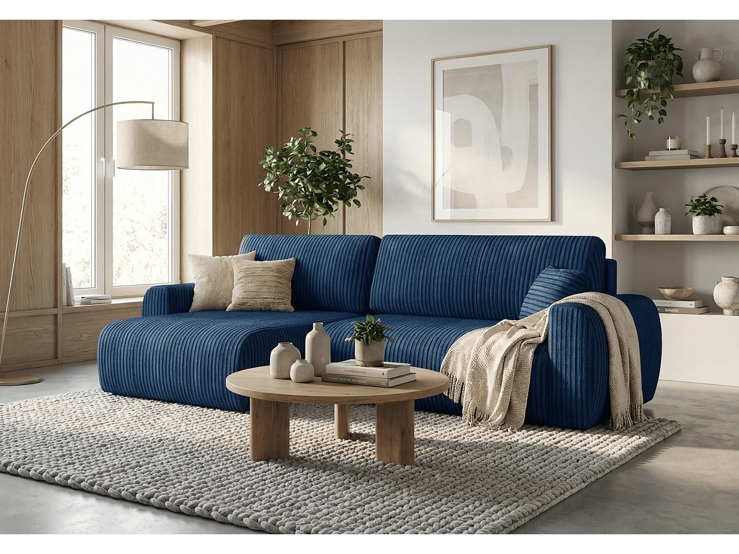 ARIEL L – Canapé d’angle gauche convertible 250x142x87 cm, tissu Velo 88 bleu marine