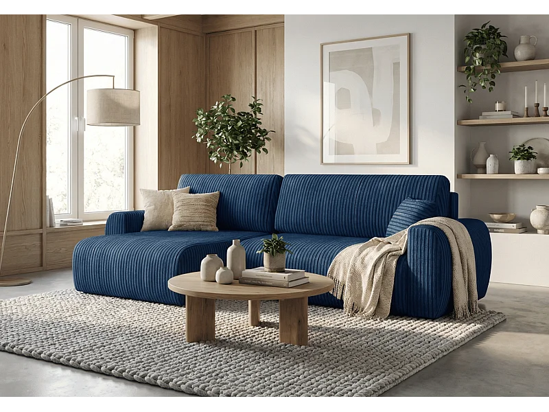 ARIEL L – Canapé d’angle gauche convertible 250x142x87 cm, tissu Velo 88 bleu marine