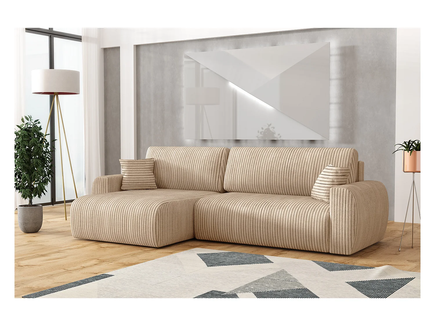 Stylowy narożnik rozkładany lewostronny  ARIEL L 250x142x87 cm w tkaninie Velo 22 kremowej