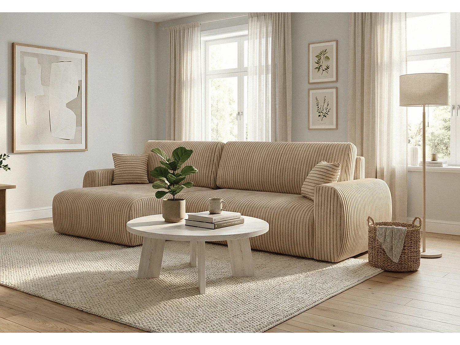 ARIEL L – Canapé d’angle gauche convertible 250x142x87 cm, tissu Velo 22  crème