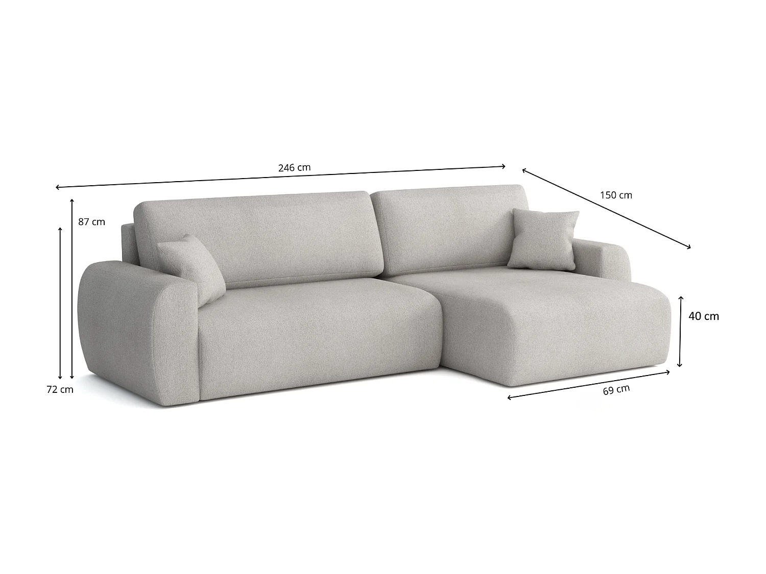 ARIEL L – Canapé d’angle gauche convertible 250x142x87 cm, tissu Velo 22  crème