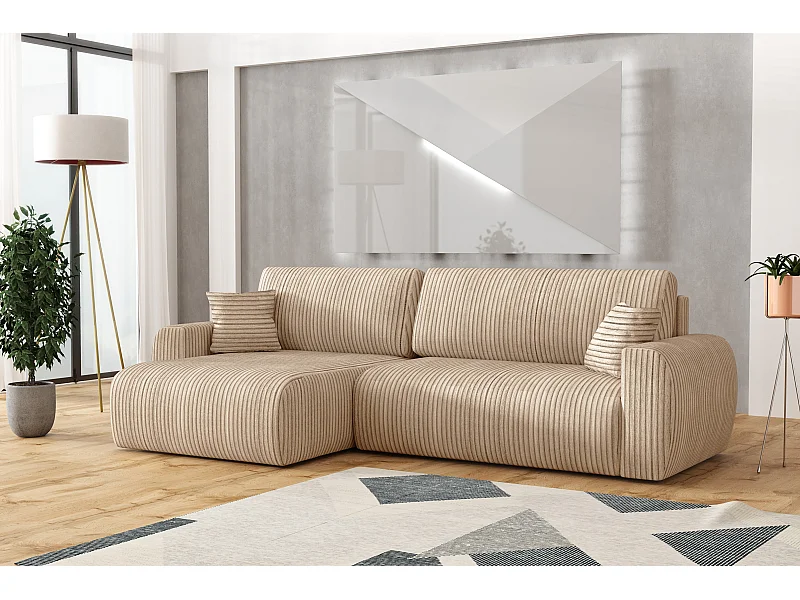 ARIEL L – Canapé d’angle gauche convertible 250x142x87 cm, tissu Velo 22  crème
