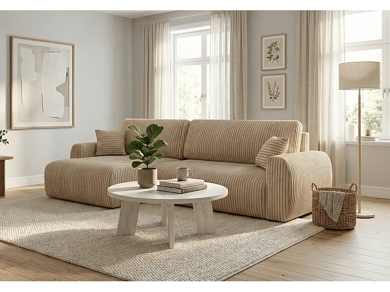 ARIEL L – Linker hoekbank met slaapfunctie  250x142x87 cm, stof Velo 22 créme