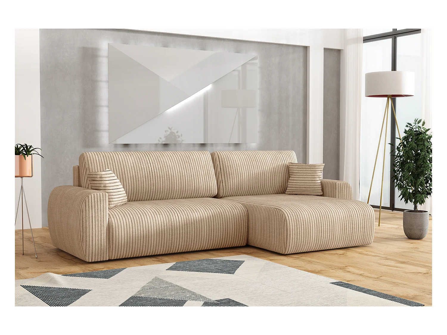 Stylowy narożnik rozkładany prawostronny  ARIEL L 250x142x87 cm w tkaninie Velo  22 kremowej