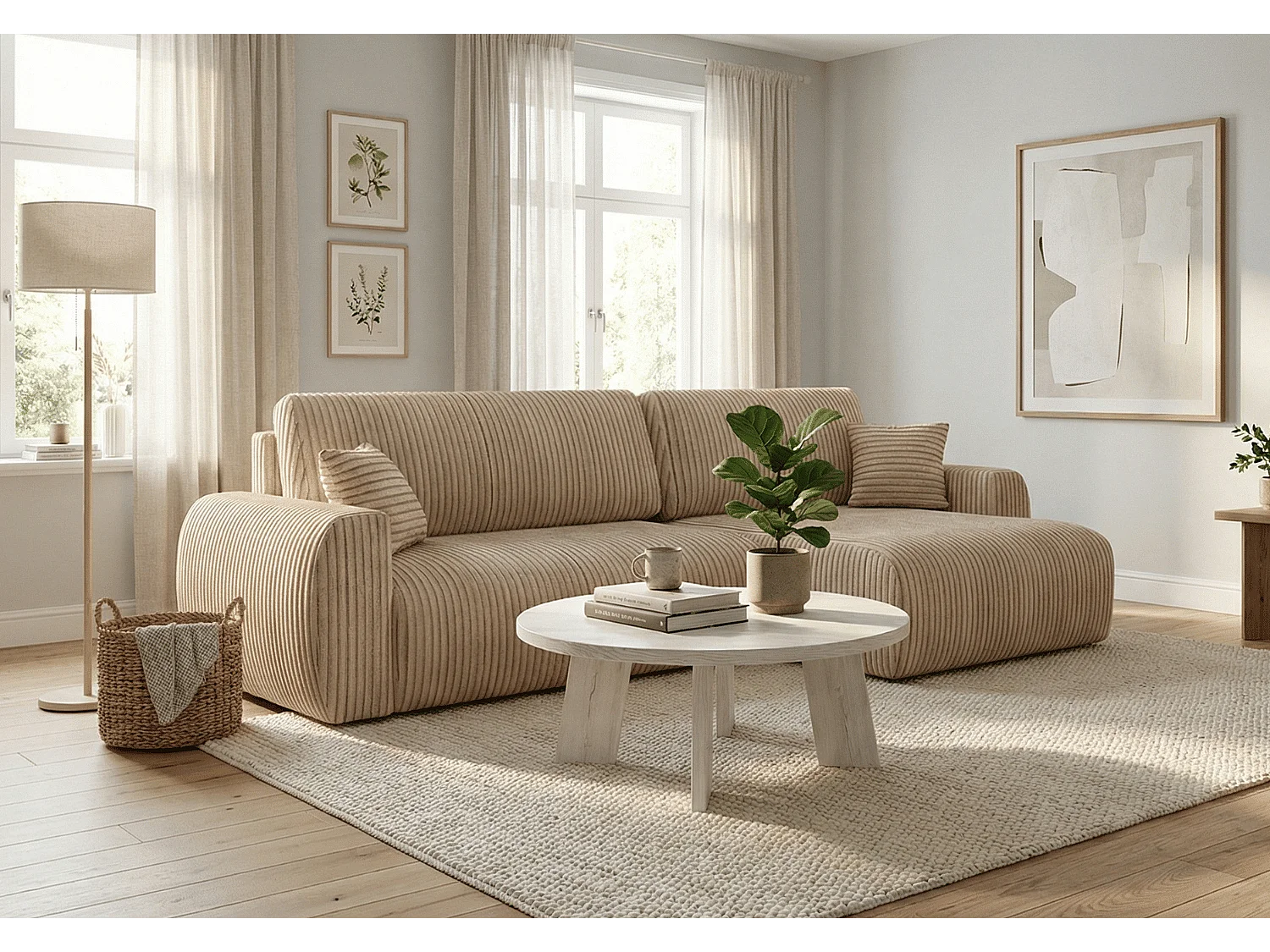 ARIEL L – Canapé d’angle  droit convertible 250x142x87 cm, tissu Velo 22 crème