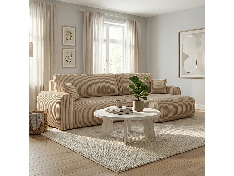 Stylowy narożnik rozkładany prawostronny  ARIEL L 250x142x87 cm w tkaninie Velo  22 kremowej