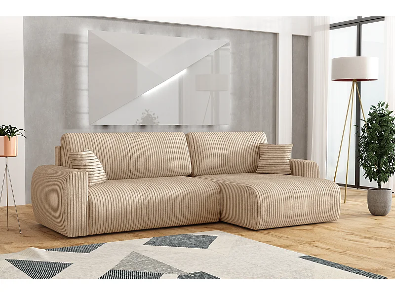 ARIEL L – Canapé d’angle  droit convertible 250x142x87 cm, tissu Velo 22 crème
