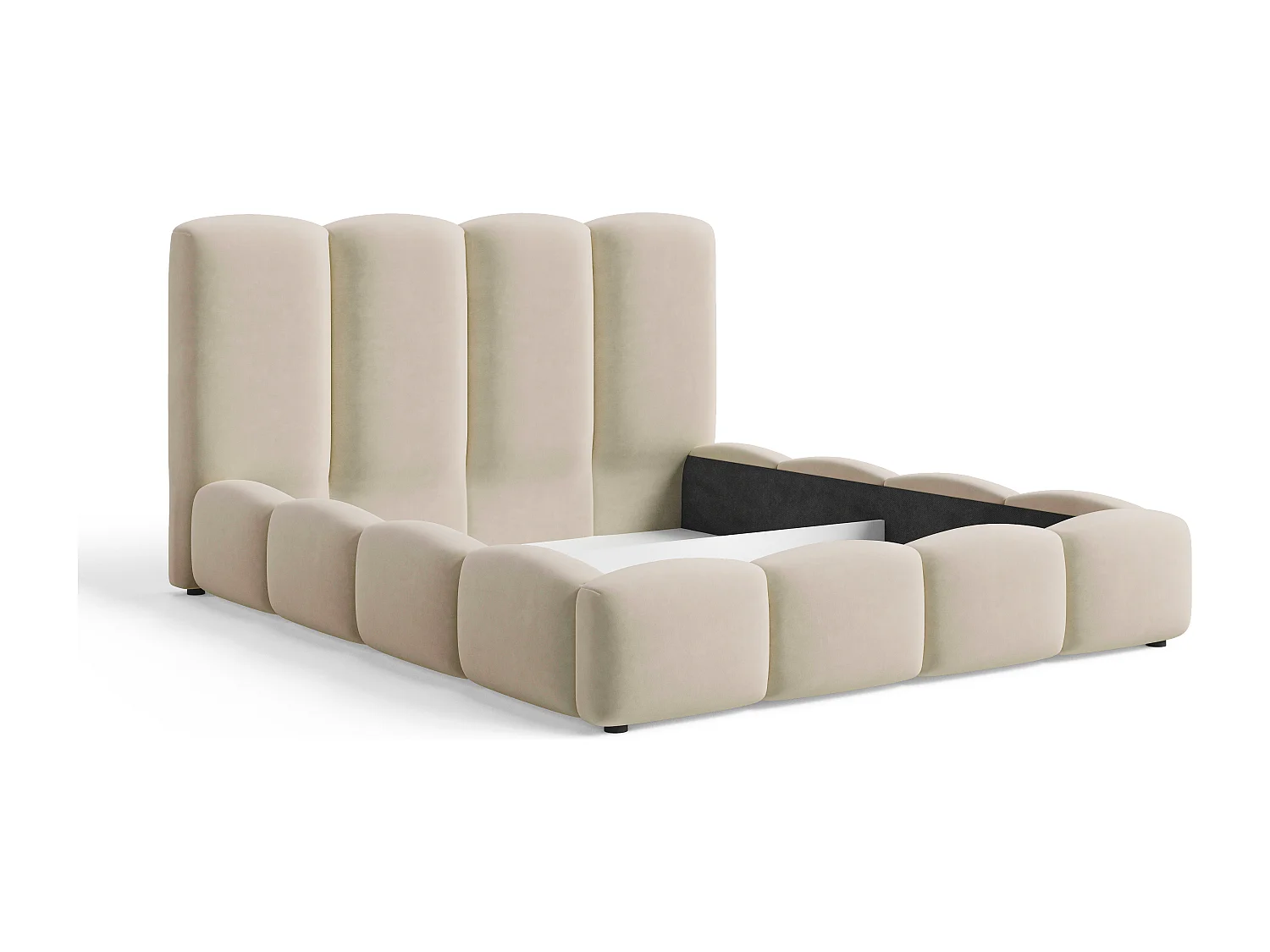 BESILIO Lit nuage avec coffre de rangement et sommier 120x200 Puffy – lit tapissé en velours – Beige