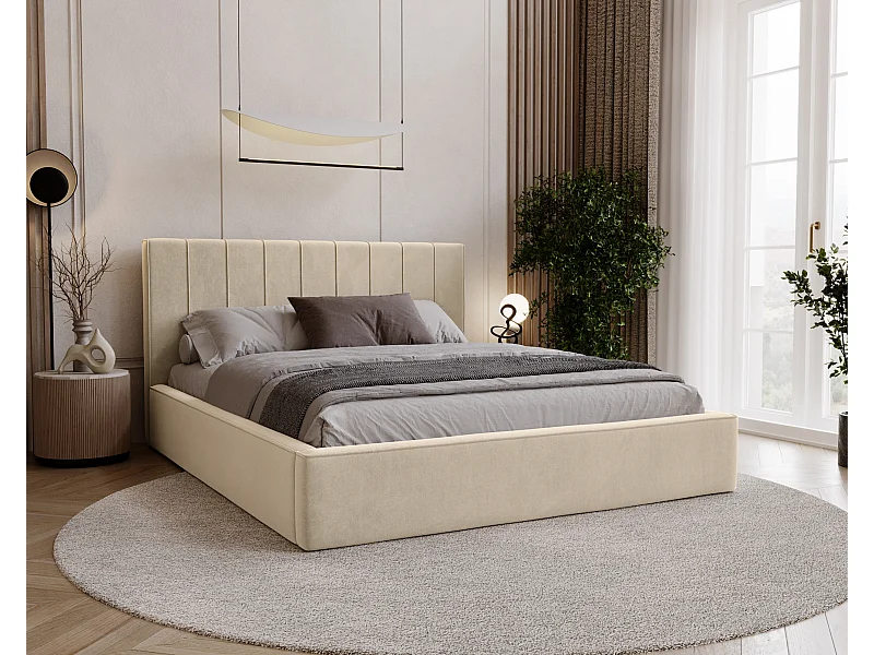 BESILIO Lit tapissé élégant 140x200 Persea – cadre en métal, coffre de rangement pour le linge de lit, passepoil décoratif – Crème