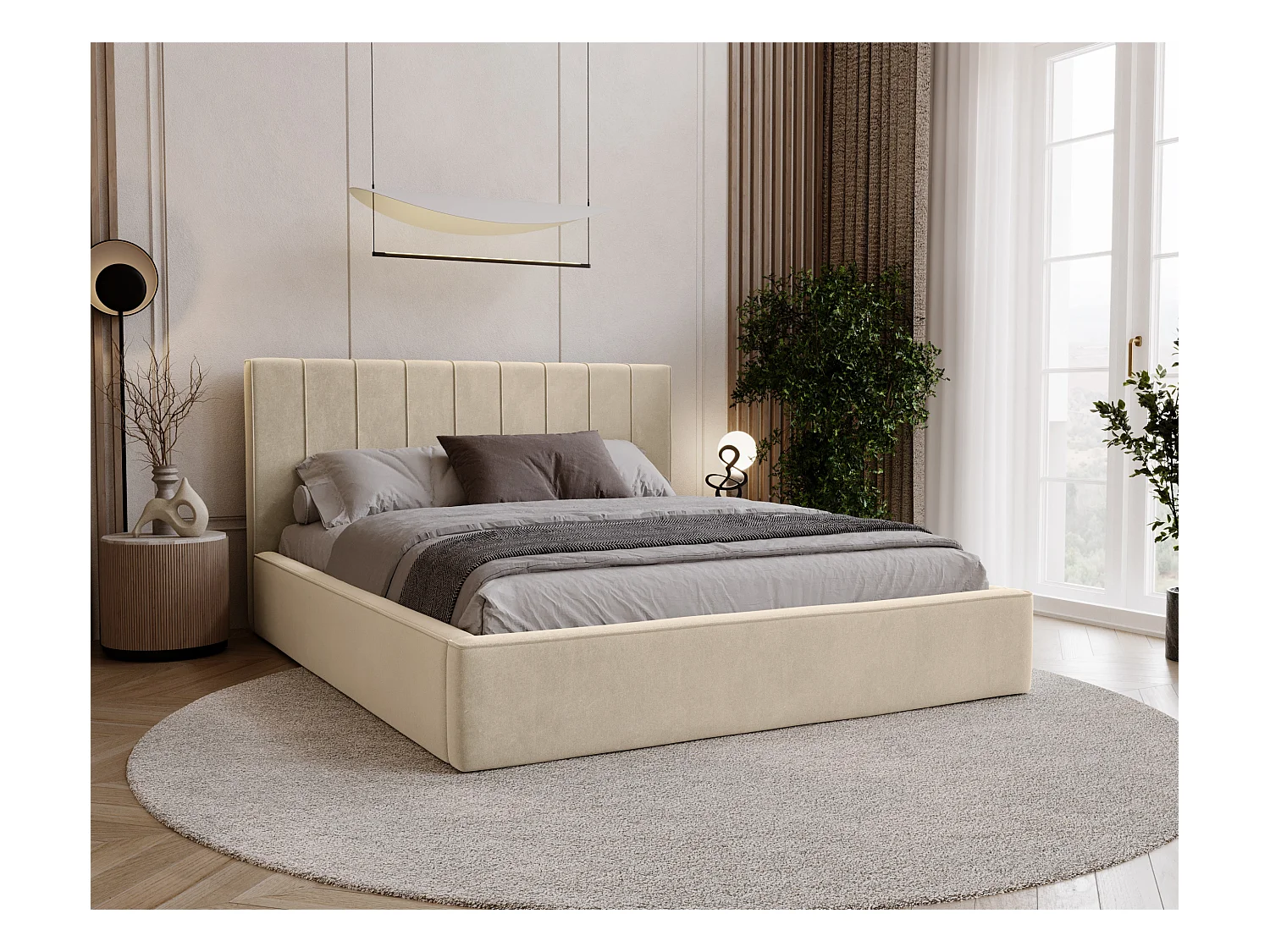 BESILIO Stylowe łóżko tapicerowane 140x200 Persea - stelaż metalowy, pojemnik na pościel, ozdobna lamówka - Kremowy