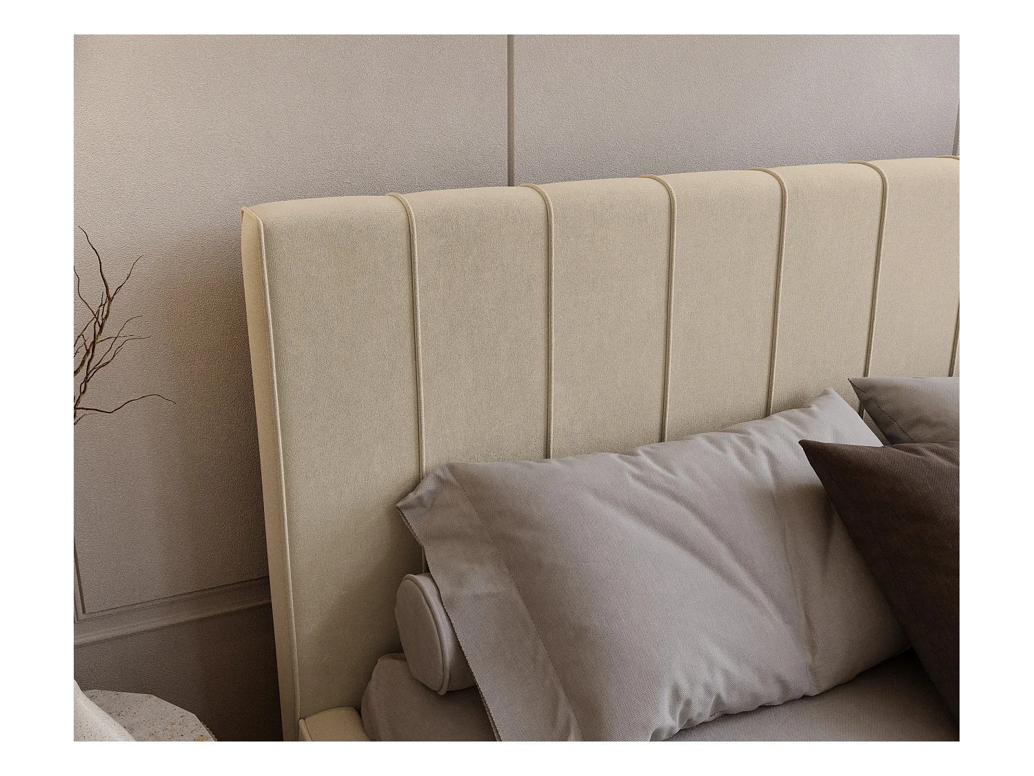 BESILIO Stylowe łóżko tapicerowane 140x200 Persea - stelaż metalowy, pojemnik na pościel, ozdobna lamówka - Kremowy