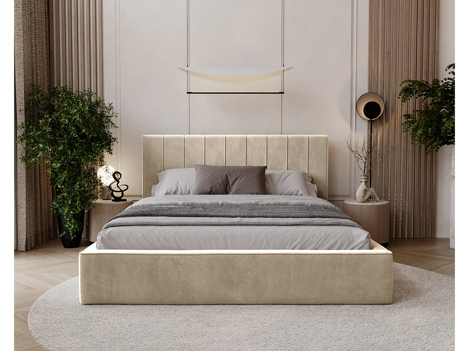 BESILIO Lit tapissé élégant 140x200 Persea – cadre en métal, coffre de rangement pour le linge de lit, passepoil décoratif – Crème