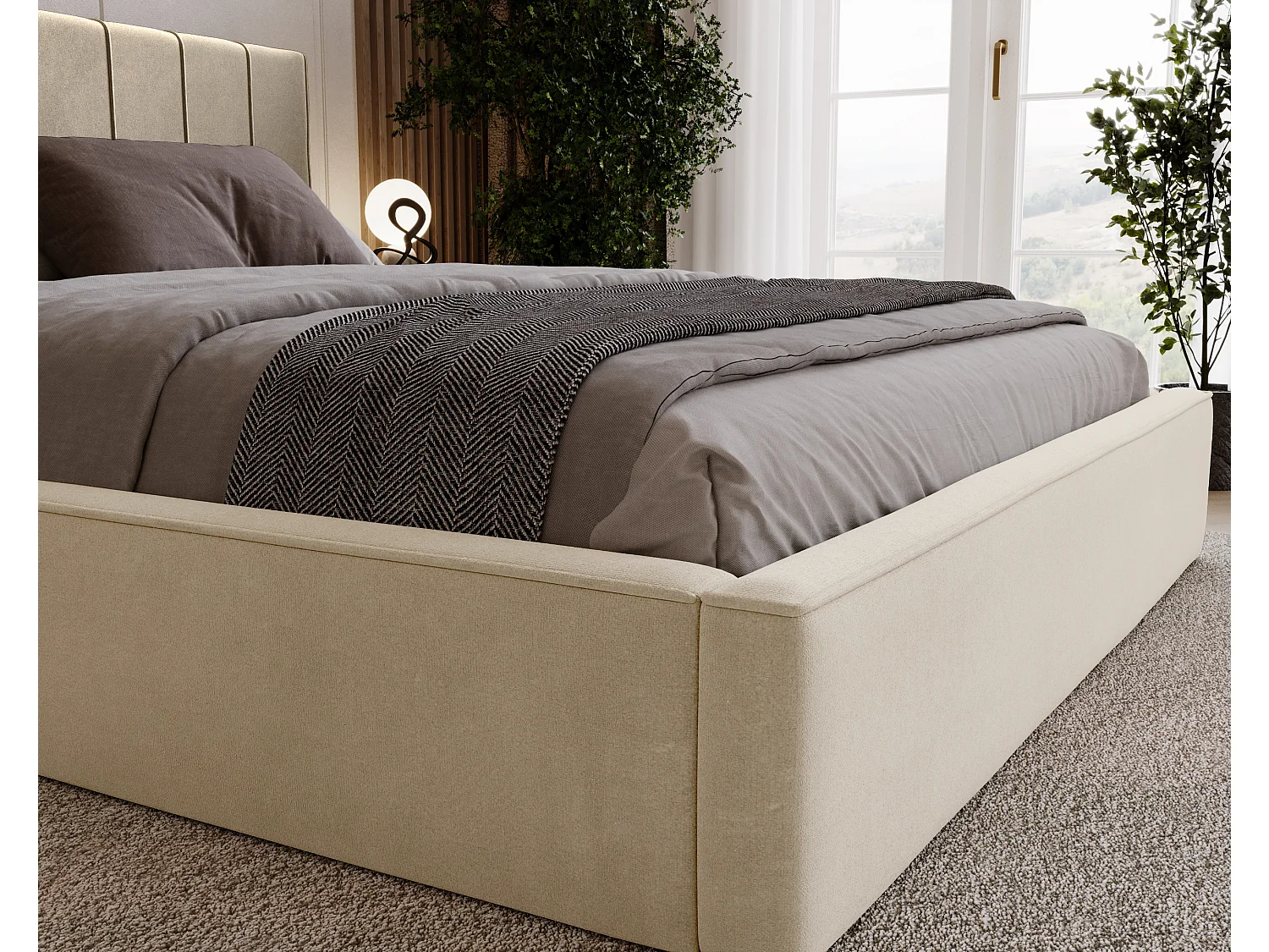 BESILIO Lit tapissé élégant 140x200 Persea – cadre en métal, coffre de rangement pour le linge de lit, passepoil décoratif – Crème