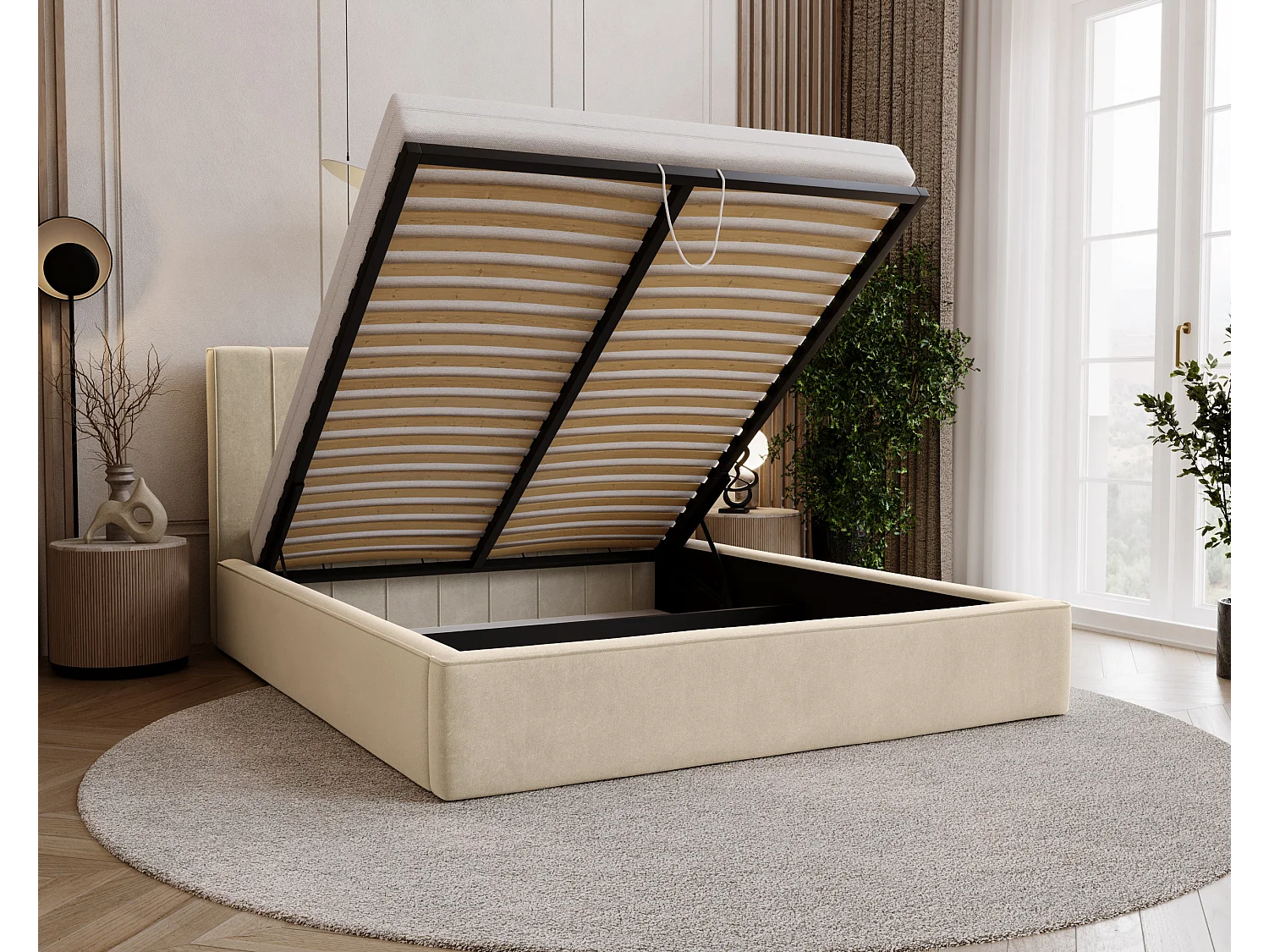 BESILIO Lit tapissé élégant 140x200 Persea – cadre en métal, coffre de rangement pour le linge de lit, passepoil décoratif – Crème