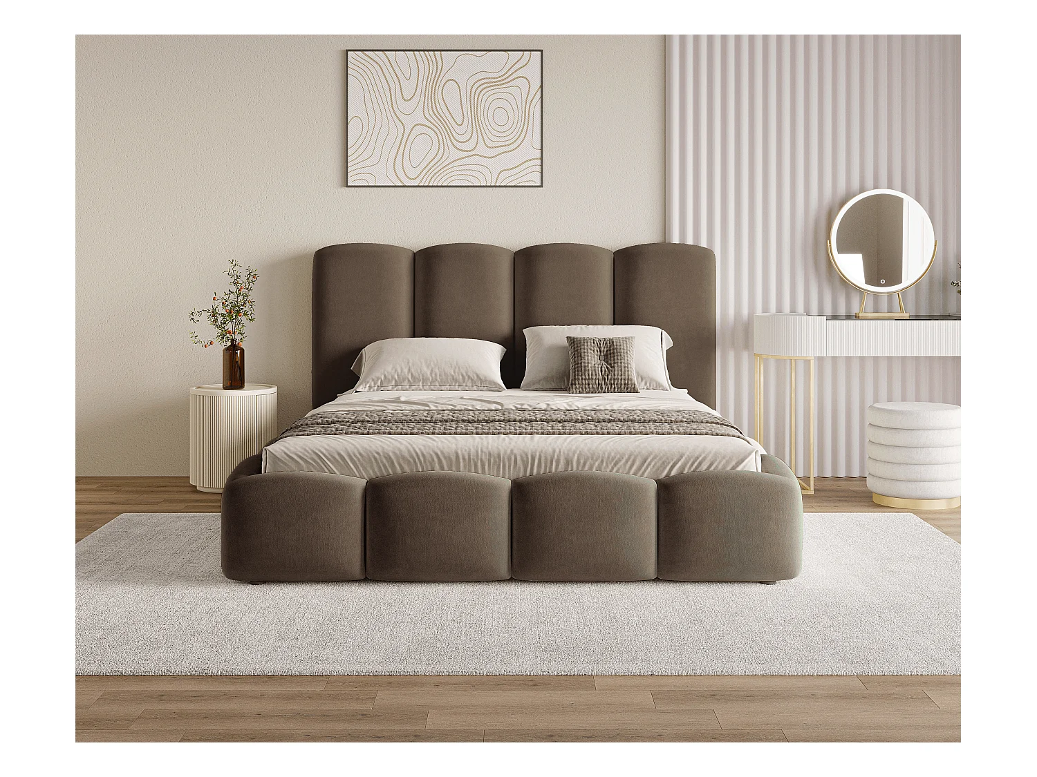 BESILIO Wolkenbed met opbergruimte en lattenbodem 120x200 Puffy – gestoffeerd fluwelen bed – Bruin