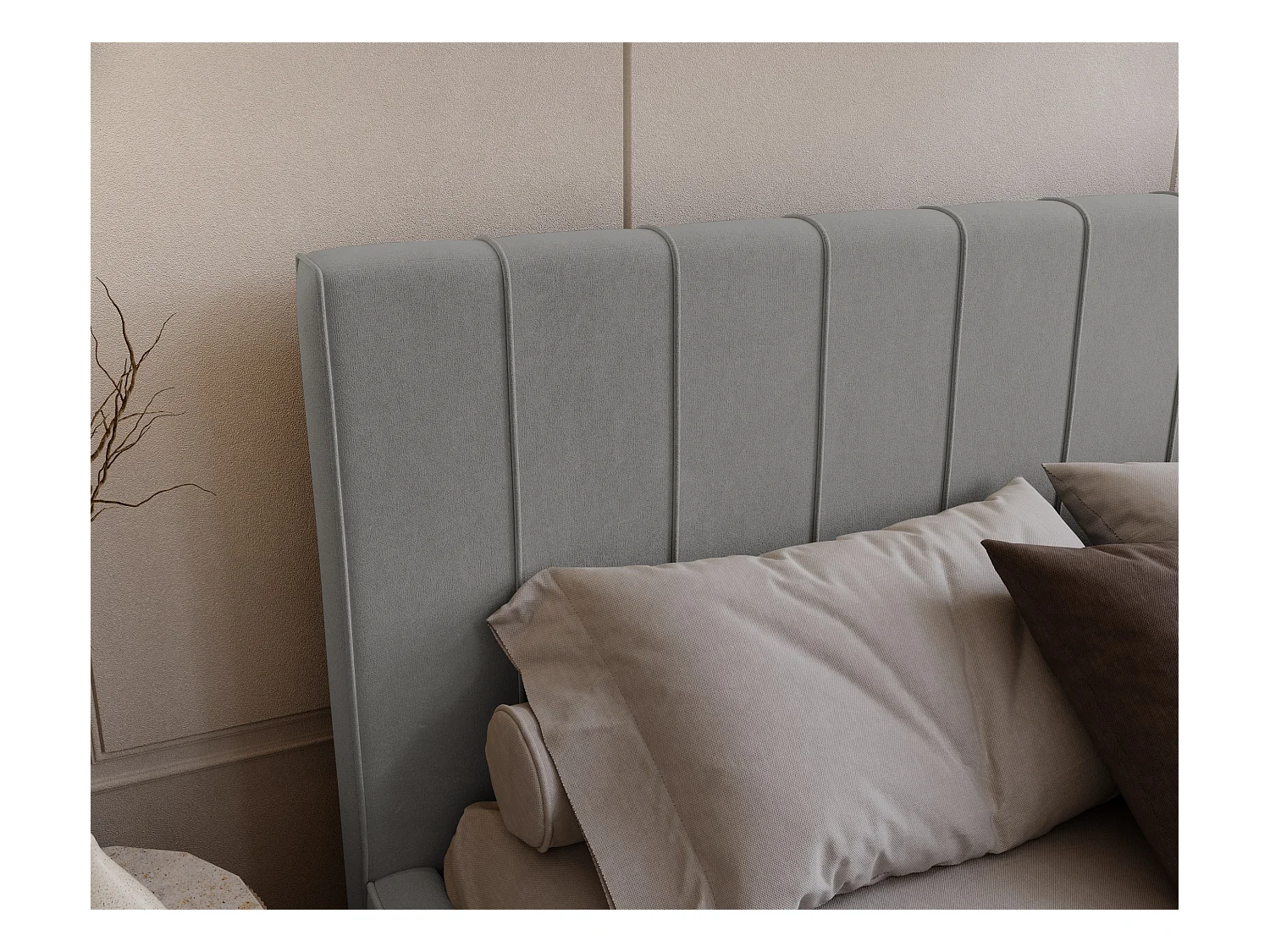 BESILIO Stylowe łóżko tapicerowane 120x200 Persea - stelaż metalowy, pojemnik na pościel, ozdobna lamówka - Szary