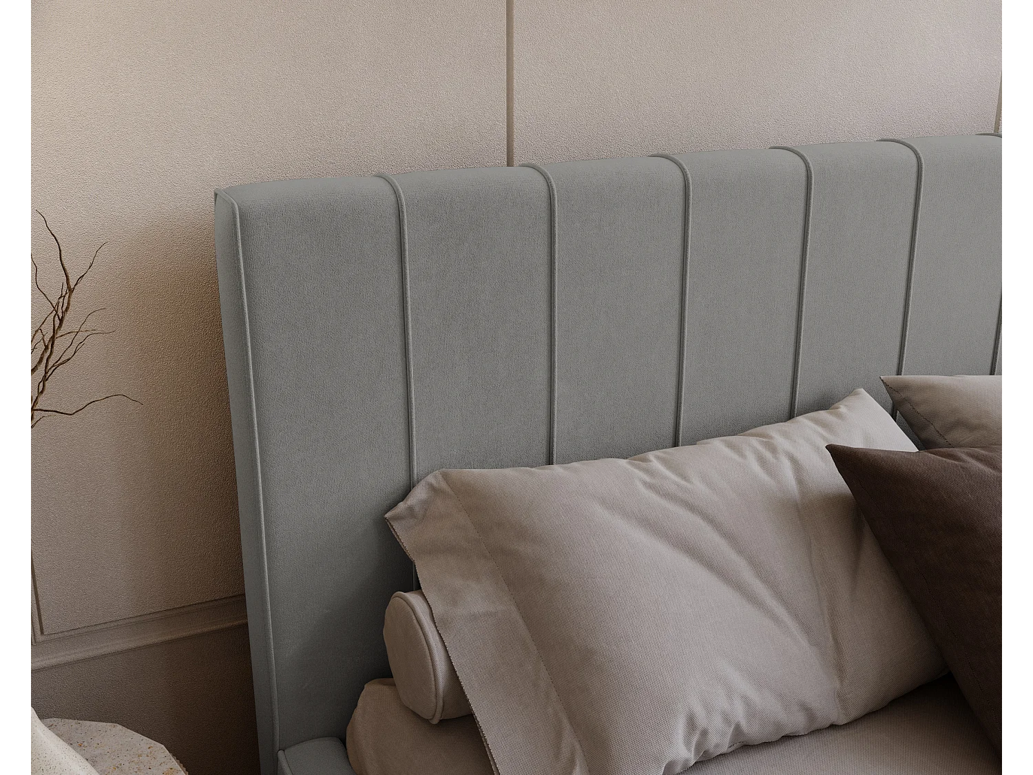 BESILIO Lit tapissé élégant 120x200 Persea – cadre en métal, coffre de rangement pour le linge de lit, passepoil décoratif – Gris