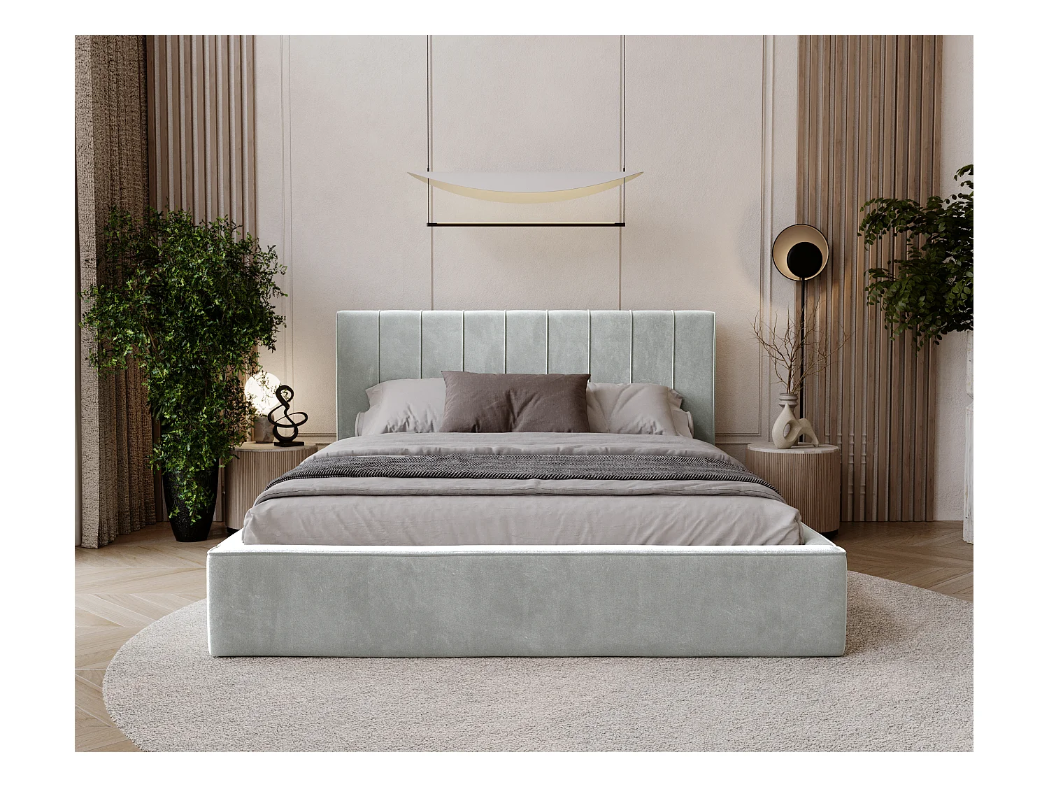BESILIO Stylowe łóżko tapicerowane 140x200 Persea - stelaż metalowy, pojemnik na pościel, ozdobna lamówka - Jasnoszary