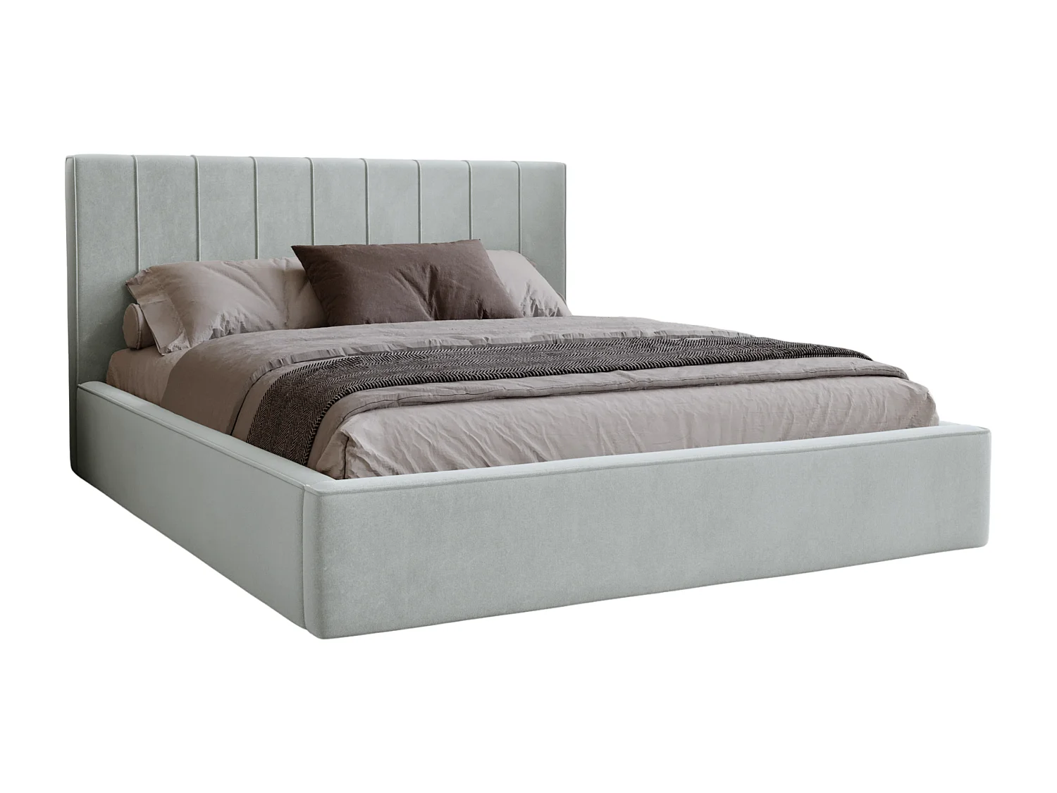 BESILIO Stilvolles Polsterbett 140x200 Persea – Metallrahmen, Bettkasten, dekorative Paspel – Hellgrau