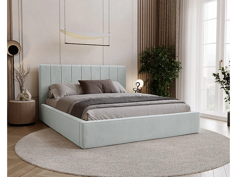 BESILIO Lit tapissé élégant 140x200 Persea – cadre en métal, coffre de rangement pour le linge de lit, passepoil décoratif – Gris clair