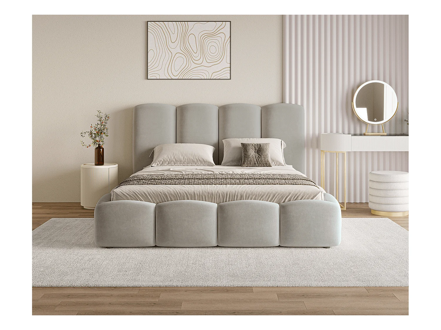 BESILIO Wolkenbed met opbergruimte en lattenbodem 160x200 Puffy – gestoffeerd fluwelen bed – Lichtgrijs