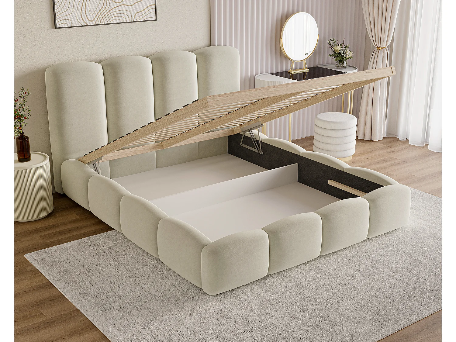 BESILIO Lit nuage avec coffre de rangement et sommier 160x200 Puffy – lit tapissé en velours – Gris clair