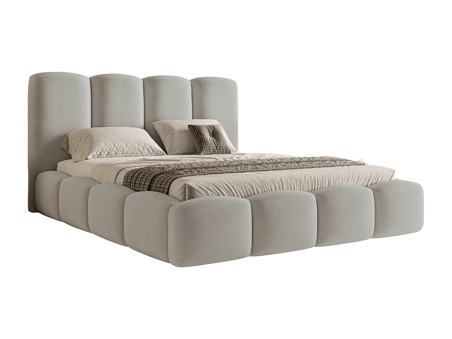 BESILIO Lit nuage avec coffre de rangement et sommier 160x200 Puffy – lit tapissé en velours – Gris clair