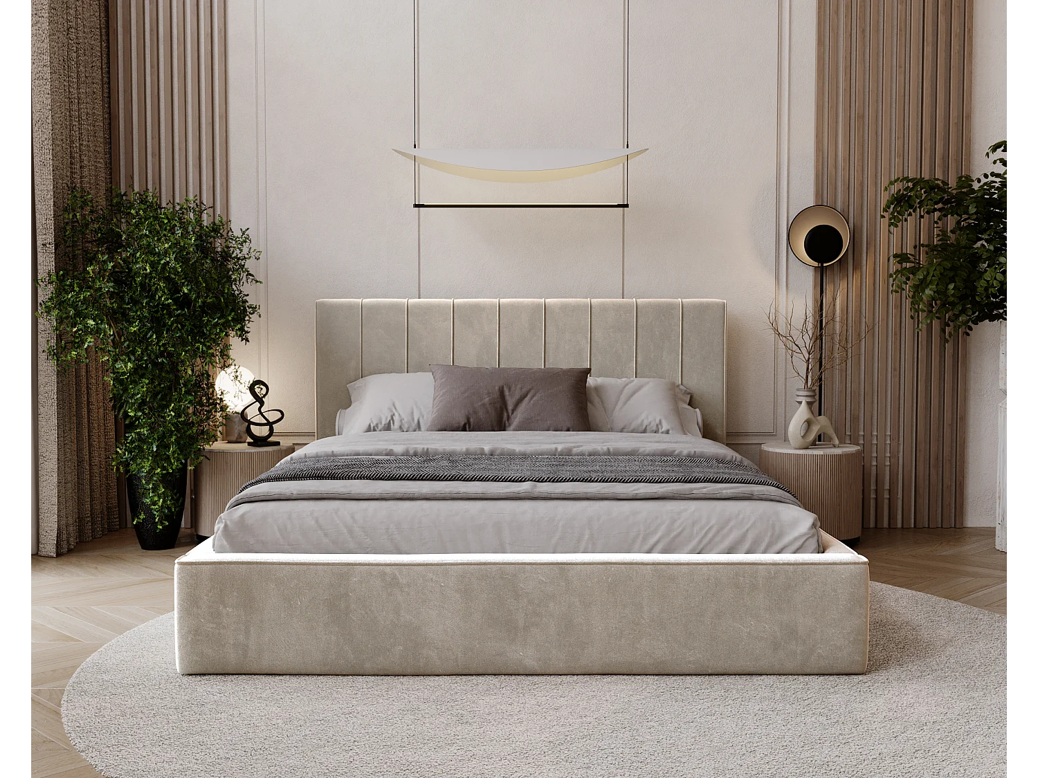 BESILIO Stylowe łóżko tapicerowane 140x200 Persea - stelaż metalowy, pojemnik na pościel, ozdobna lamówka - Beżowy