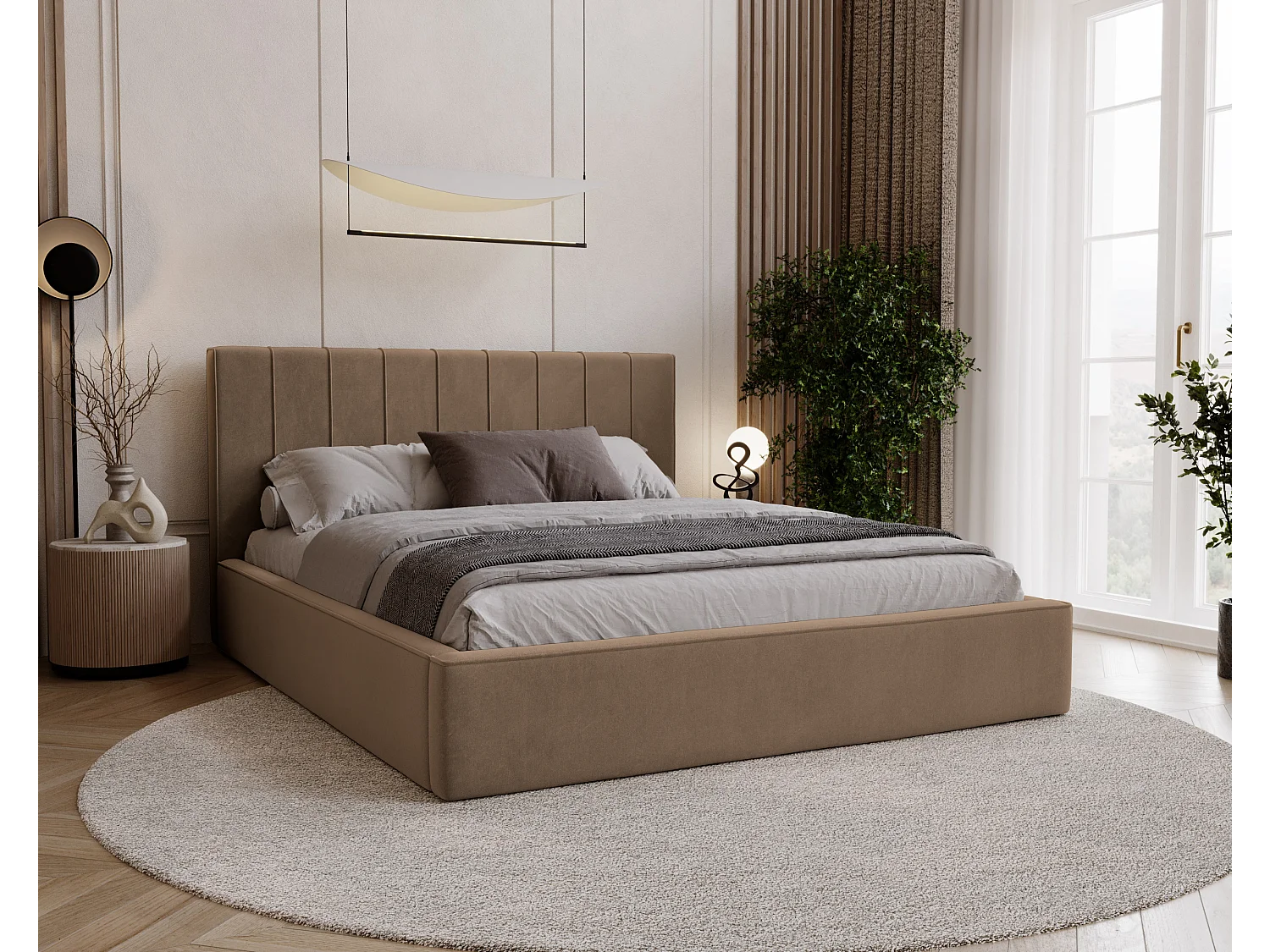 BESILIO Lit tapissé élégant 120x200 Persea – cadre en métal, coffre de rangement pour le linge de lit, passepoil décoratif – Marron