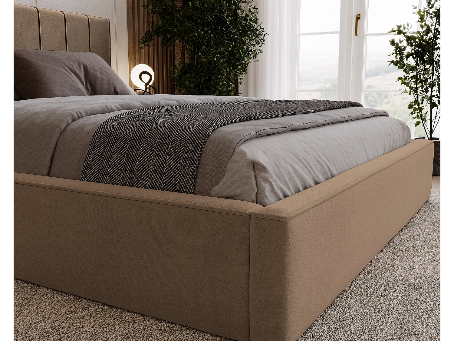 BESILIO Lit tapissé élégant 120x200 Persea – cadre en métal, coffre de rangement pour le linge de lit, passepoil décoratif – Marron